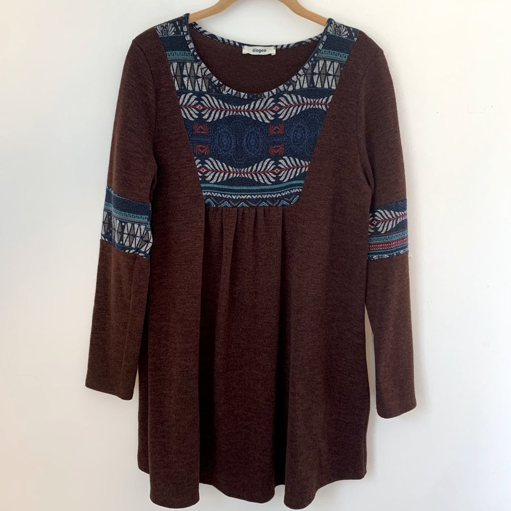 Eloges Brown Southwest Tribal Print Tunic Sweater Medium